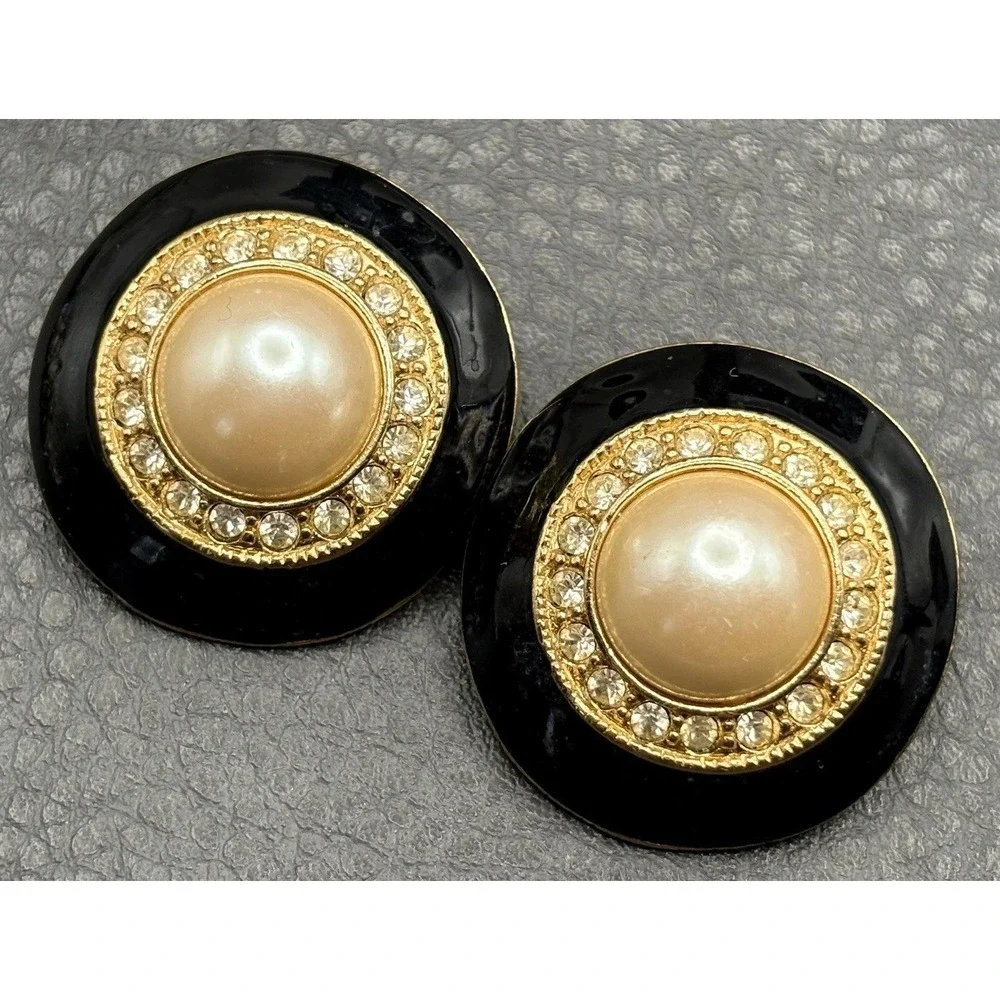 Vintage 80s Runway Black Enamel Faux Pearl Crystal Gold Tone Clip Earrings